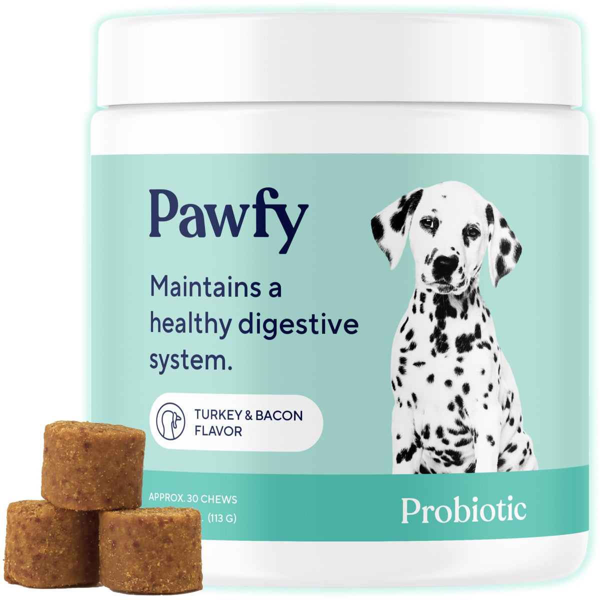 Pawfy probiotic front packaging shows benefits and friendly design