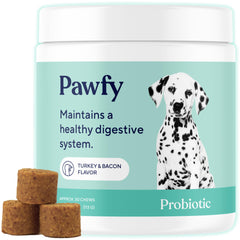 Pawfy probiotic front packaging shows benefits and friendly design