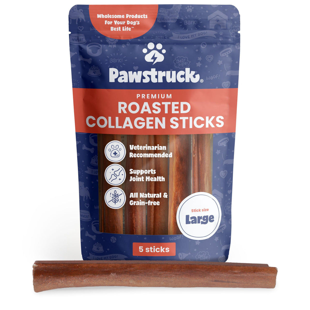 Pawstruck front packaging showing five low-odor collagen sticks for convenience