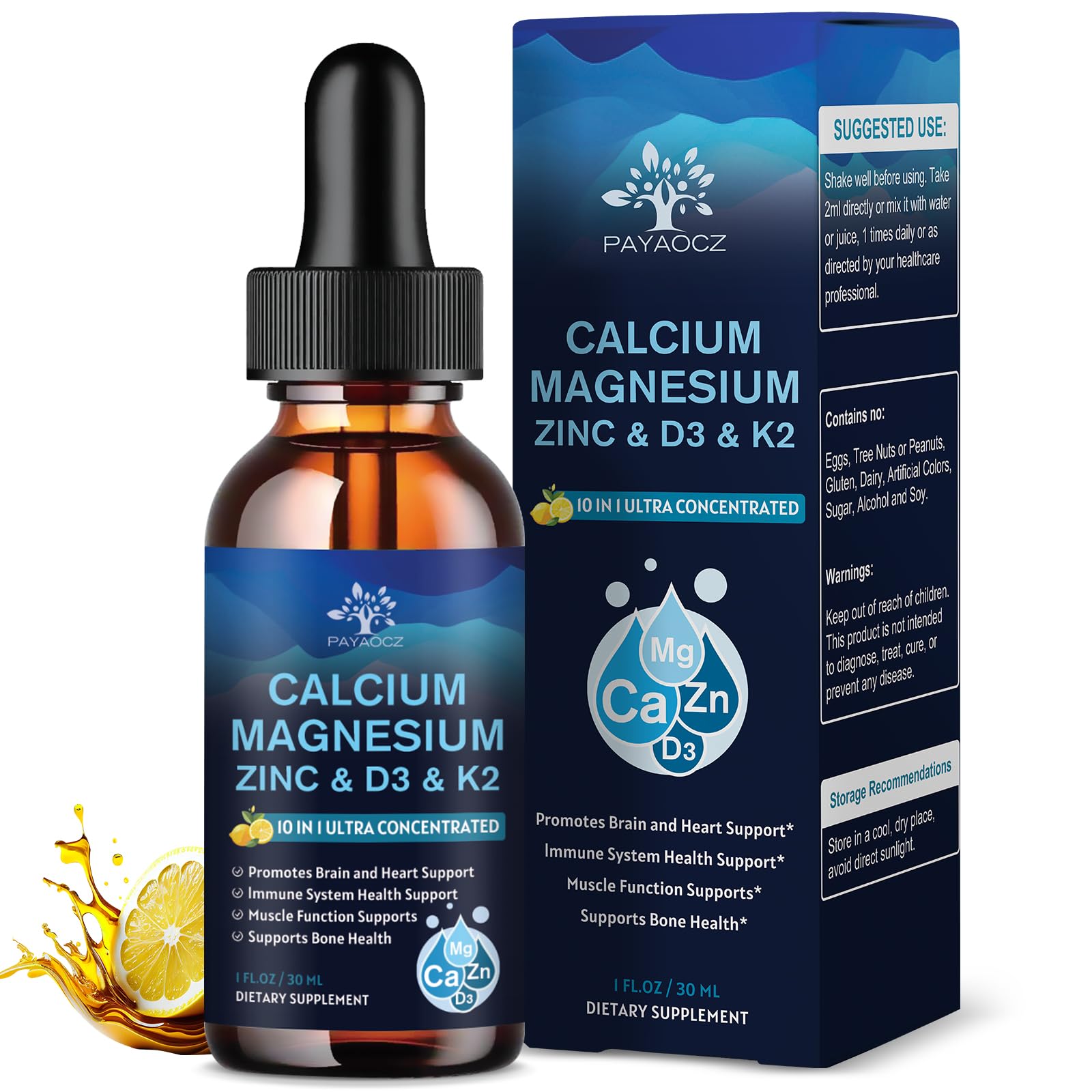 PAYAOCZ front packaging showing lemon vegan liquid drops and benefits