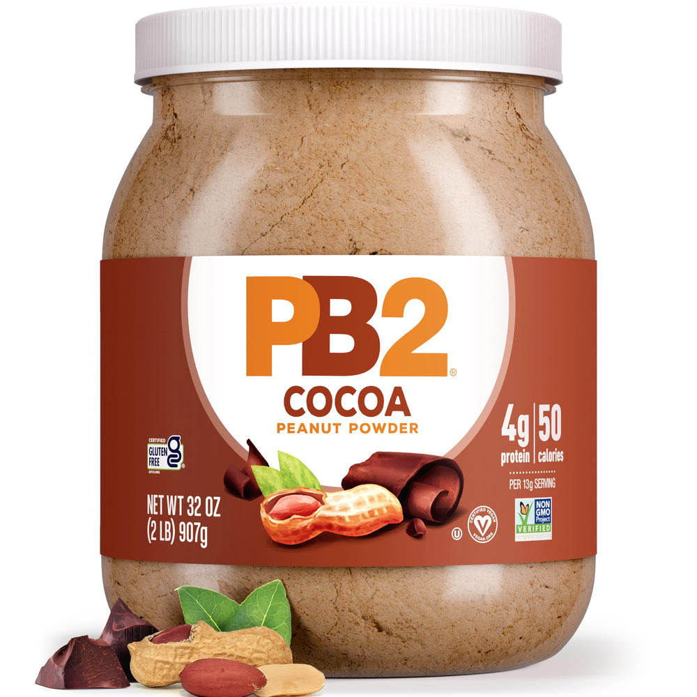 PB2 jar front view showing chocolate peanut powder and low-fat benefit