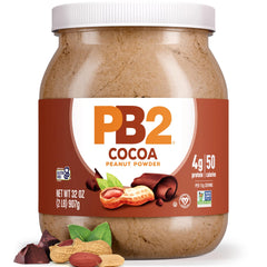 PB2 jar front view showing chocolate peanut powder and low-fat benefit