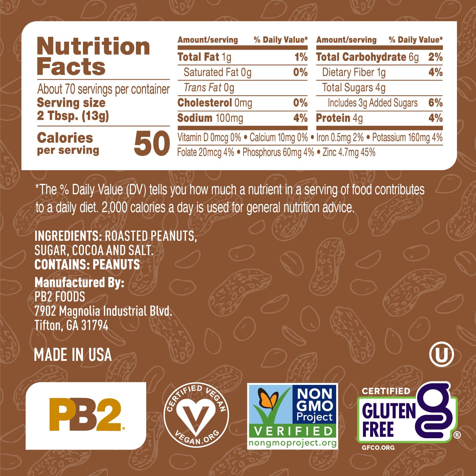 PB2 nutrition panel and ingredients showing protein and calorie facts