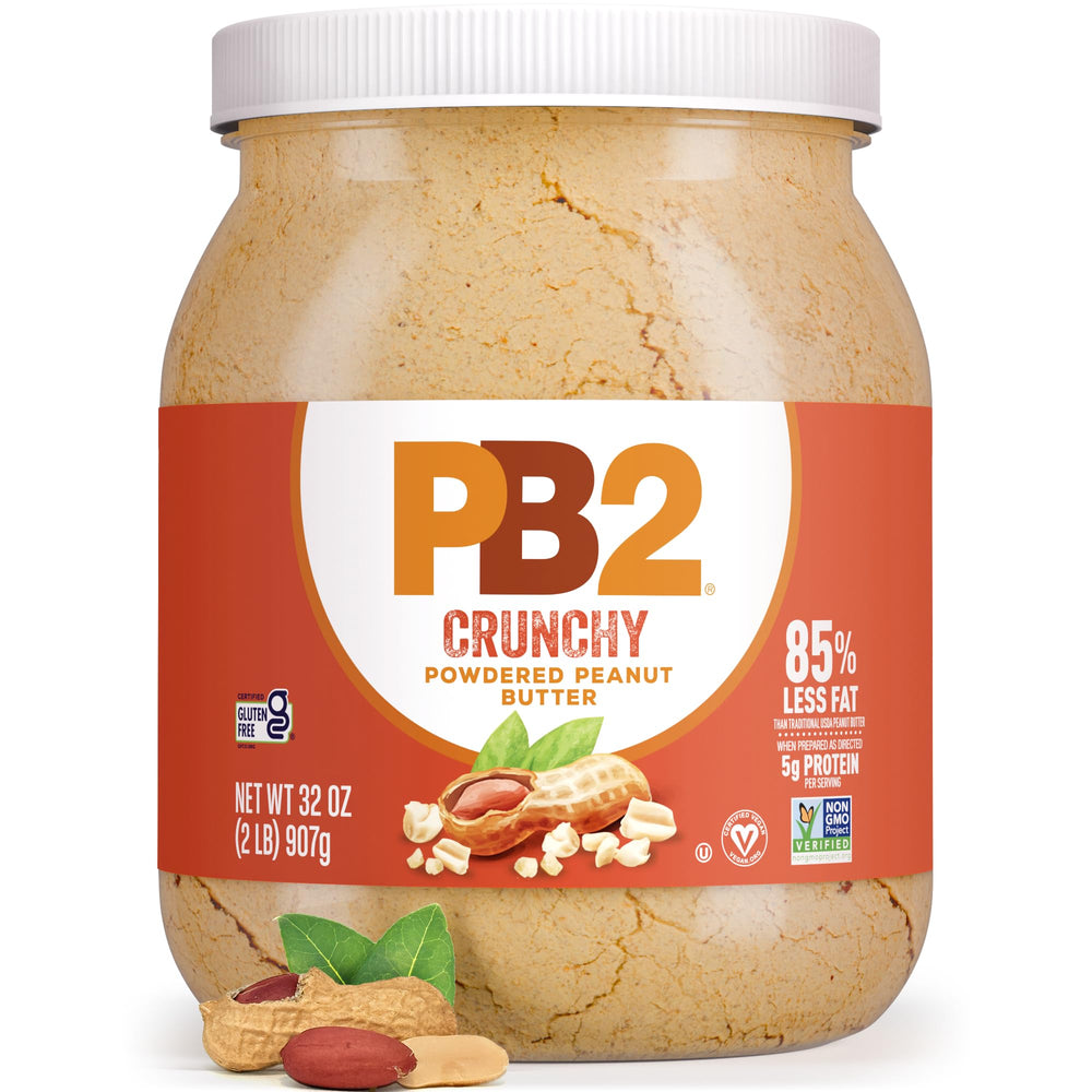 PB2 front label showing crunchy powdered peanut butter and low-fat benefit
