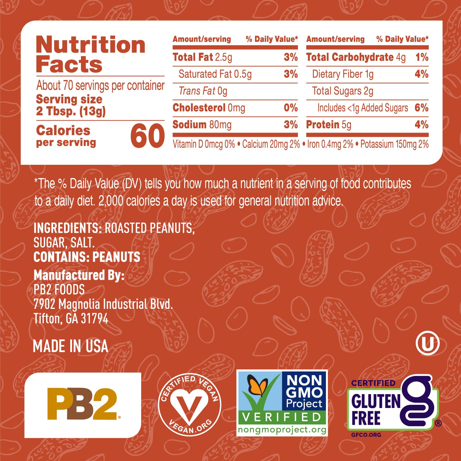 PB2 product label close-up showing ingredients and nutritional clarity