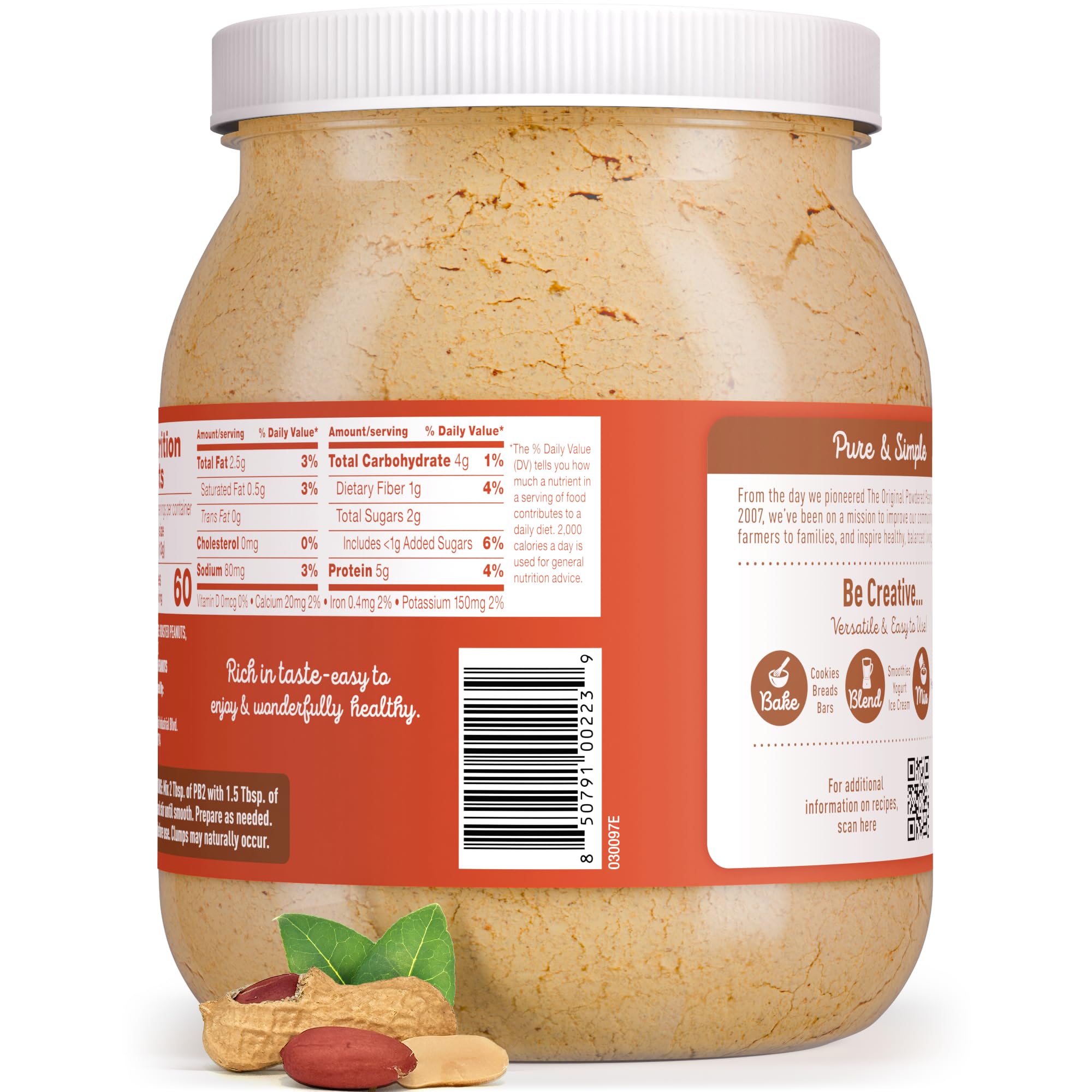 PB2 container on kitchen counter near fruit, PB2 convenient for everyday use