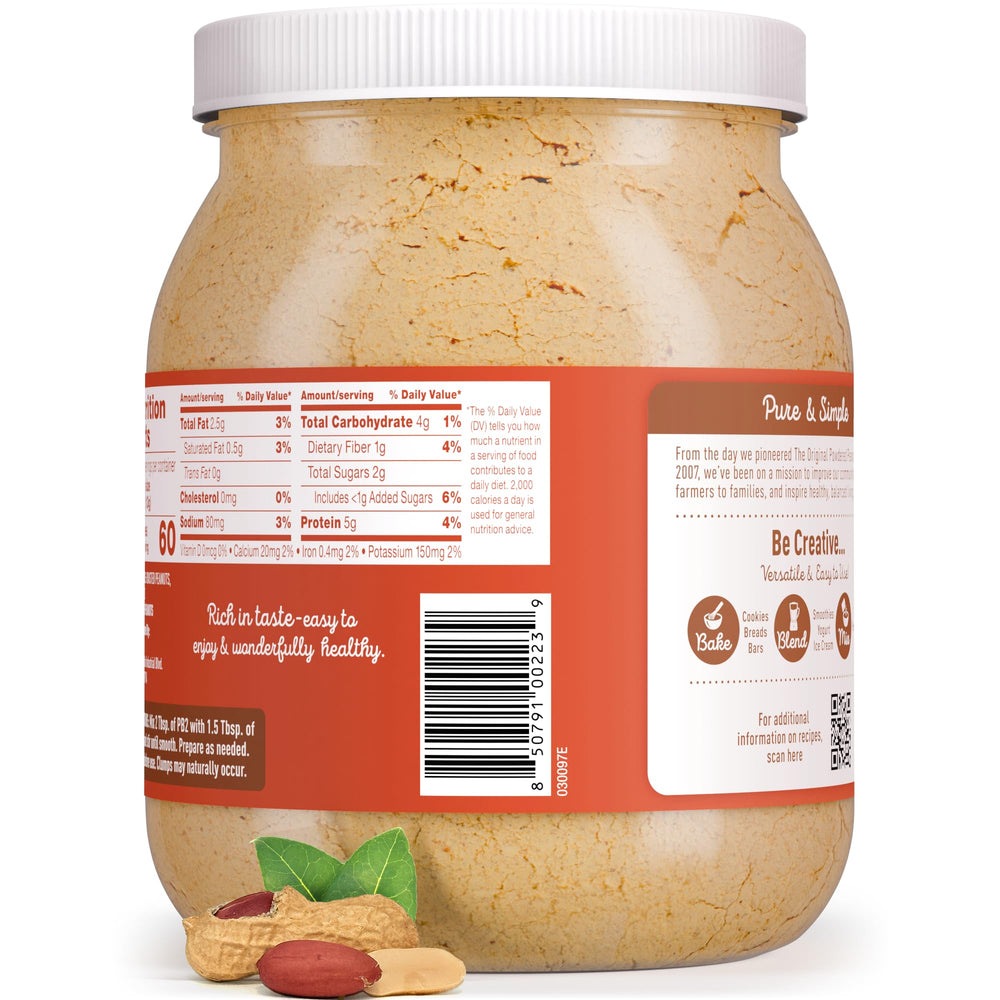 PB2 container on kitchen counter near fruit, PB2 convenient for everyday use