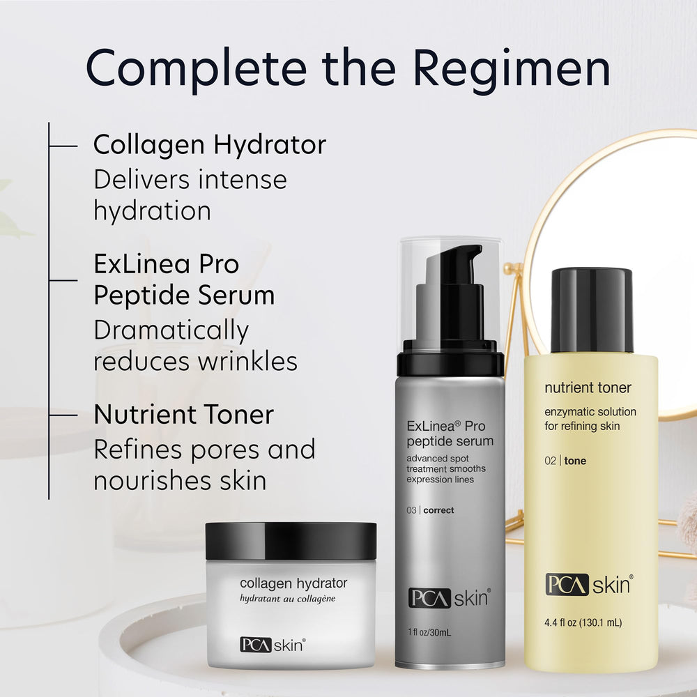 PCA SKIN toner on bathroom counter in nighttime routine promoting calm skin