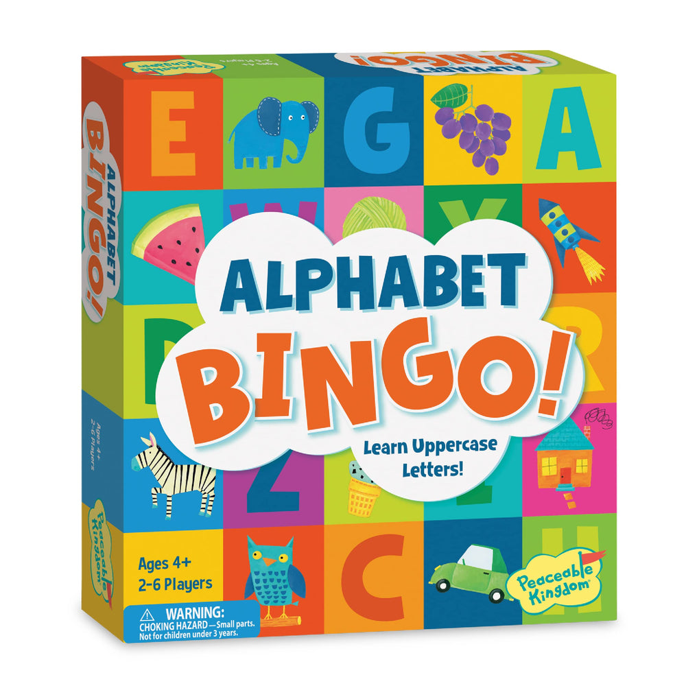 Peaceable Kingdom front packaging showing colorful alphabet bingo benefits learning