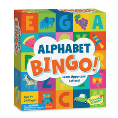 Peaceable Kingdom front packaging showing colorful alphabet bingo benefits learning