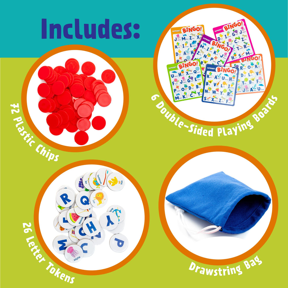 Peaceable Kingdom letter tokens and 72 chips detail supporting tactile learning