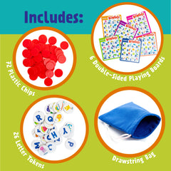 Peaceable Kingdom letter tokens and 72 chips detail supporting tactile learning