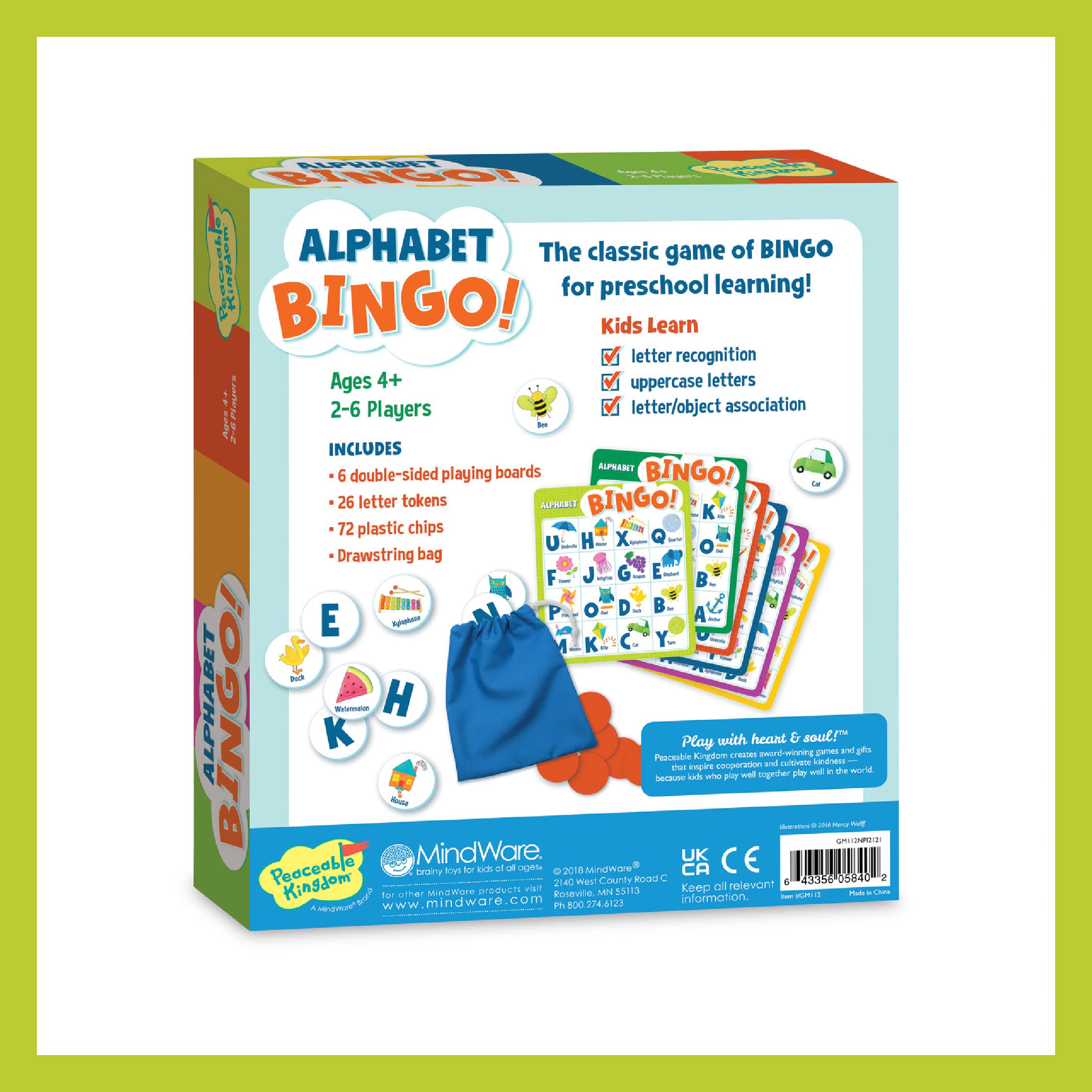 Peaceable Kingdom picture bingo card close-up reinforcing letter-to-image matching
