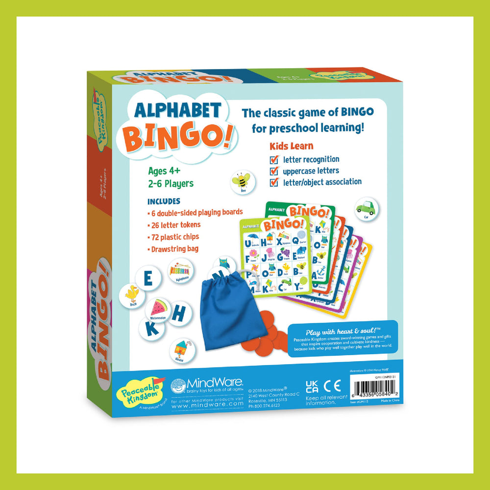 Peaceable Kingdom picture bingo card close-up reinforcing letter-to-image matching