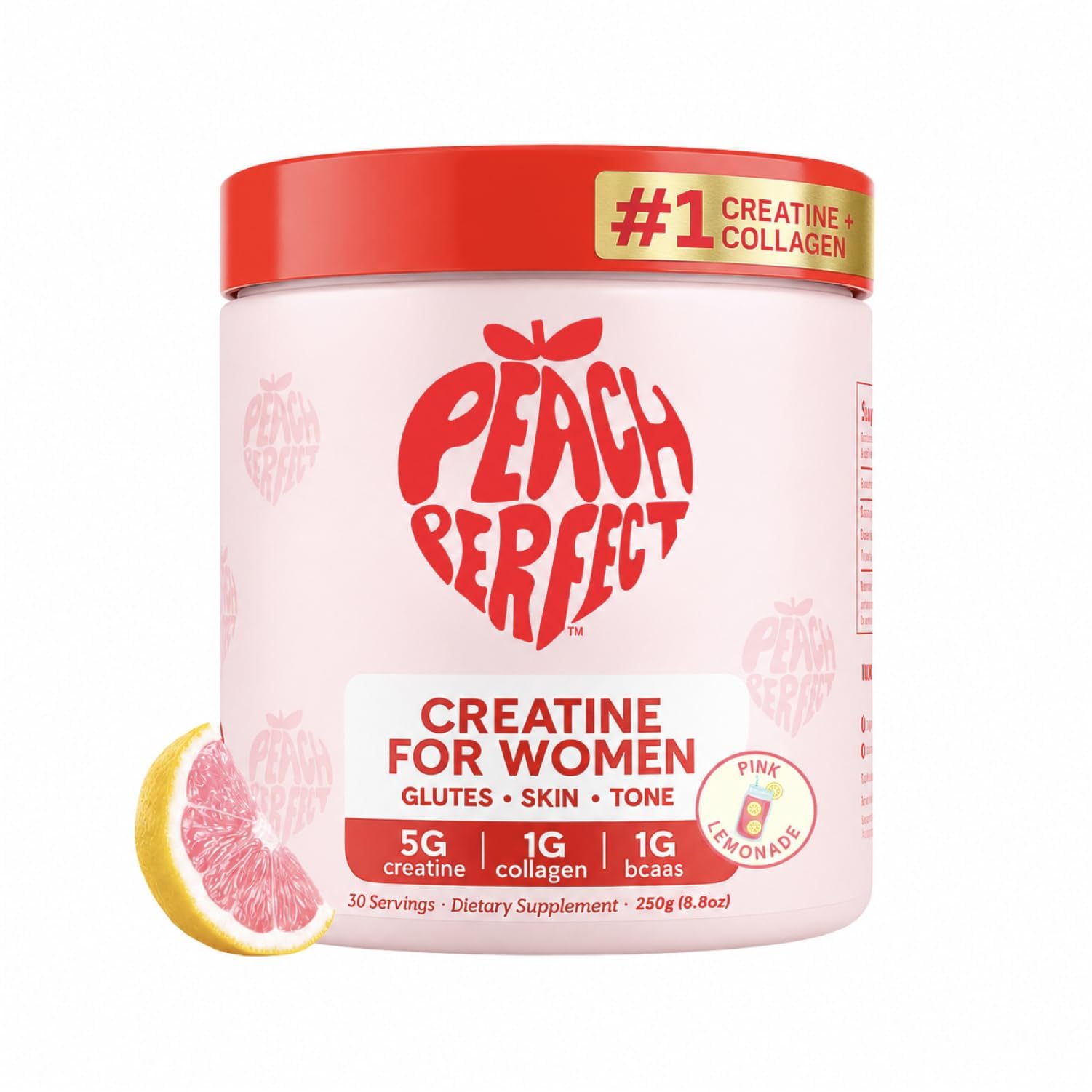 Peach Perfect front label tub showing product name and pink lemonade flavor benefit