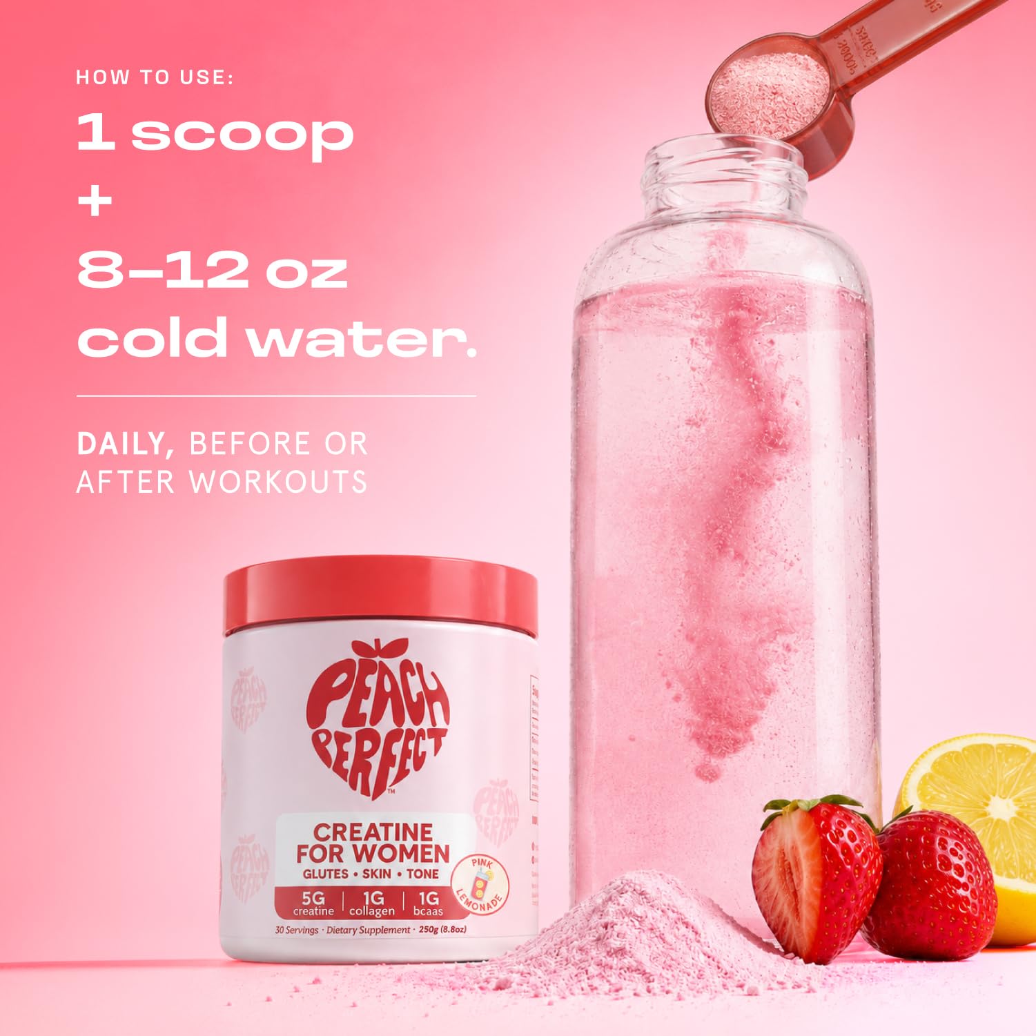 Peach Perfect mixed in a shaker bottle demonstrating portability and pre/post workout use