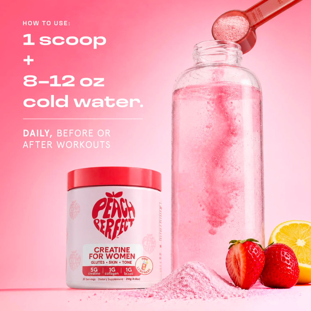 Peach Perfect mixed in a shaker bottle demonstrating portability and pre/post workout use