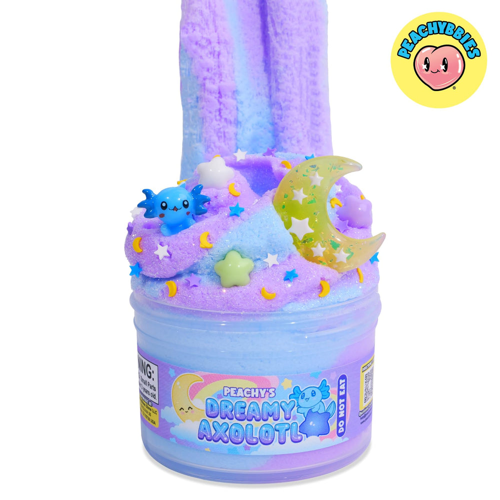 PEACHY slime held in hand demonstrating 7 oz. portable size benefit