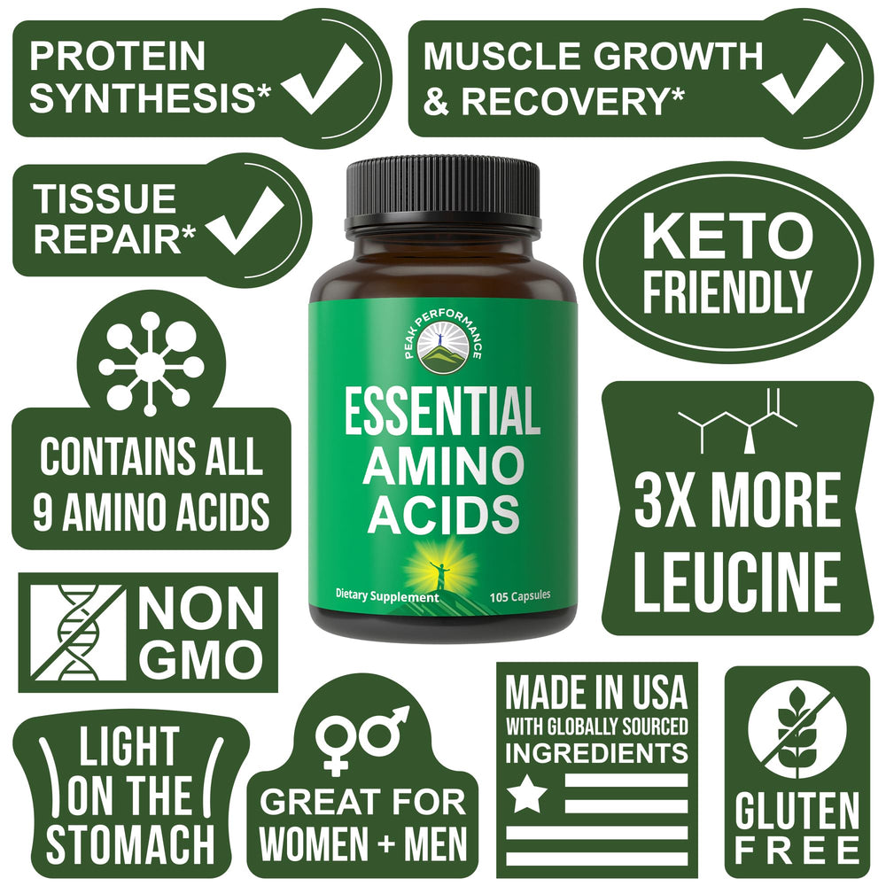 Peak Performance supplement facts label showing all nine amino acids