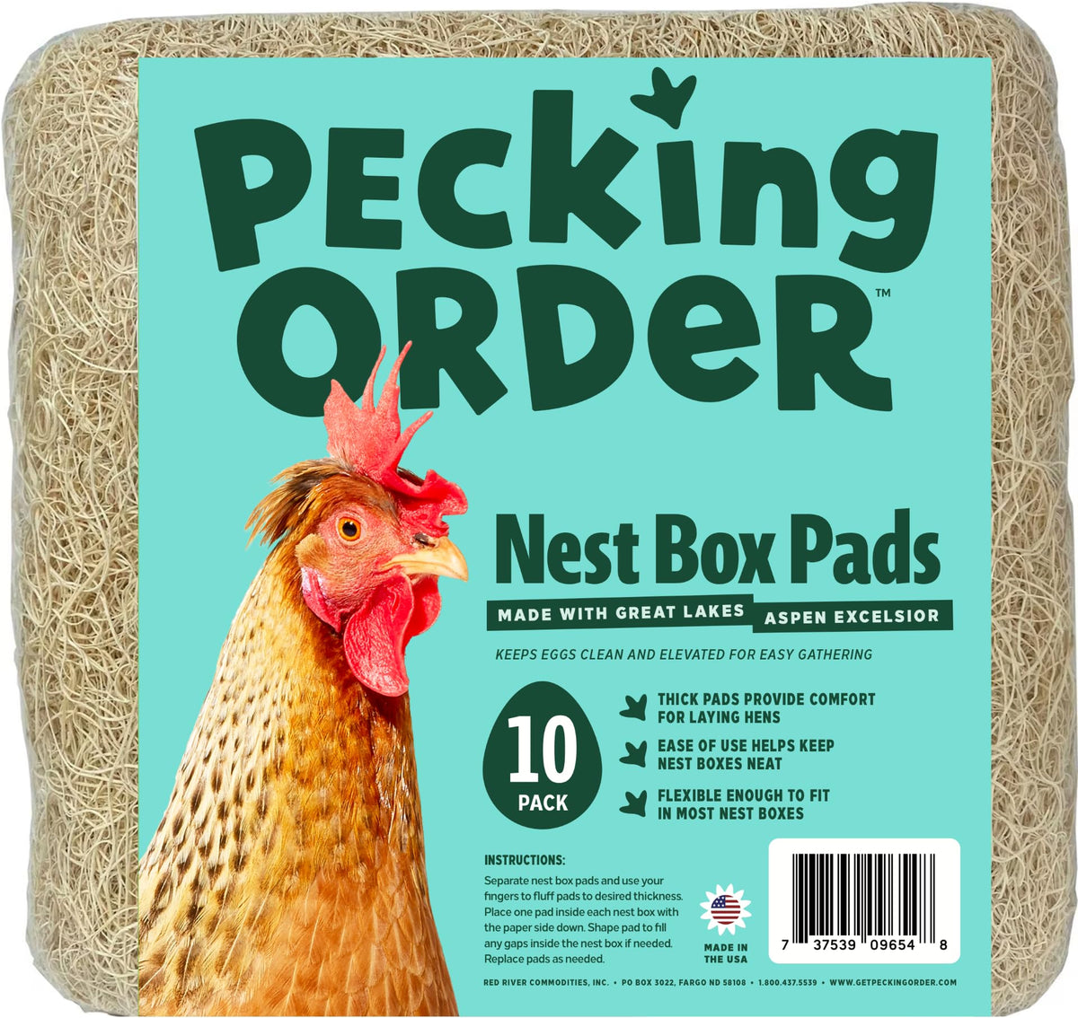 Pecking Order front packaging showing 10-pack pad benefit quick replacement