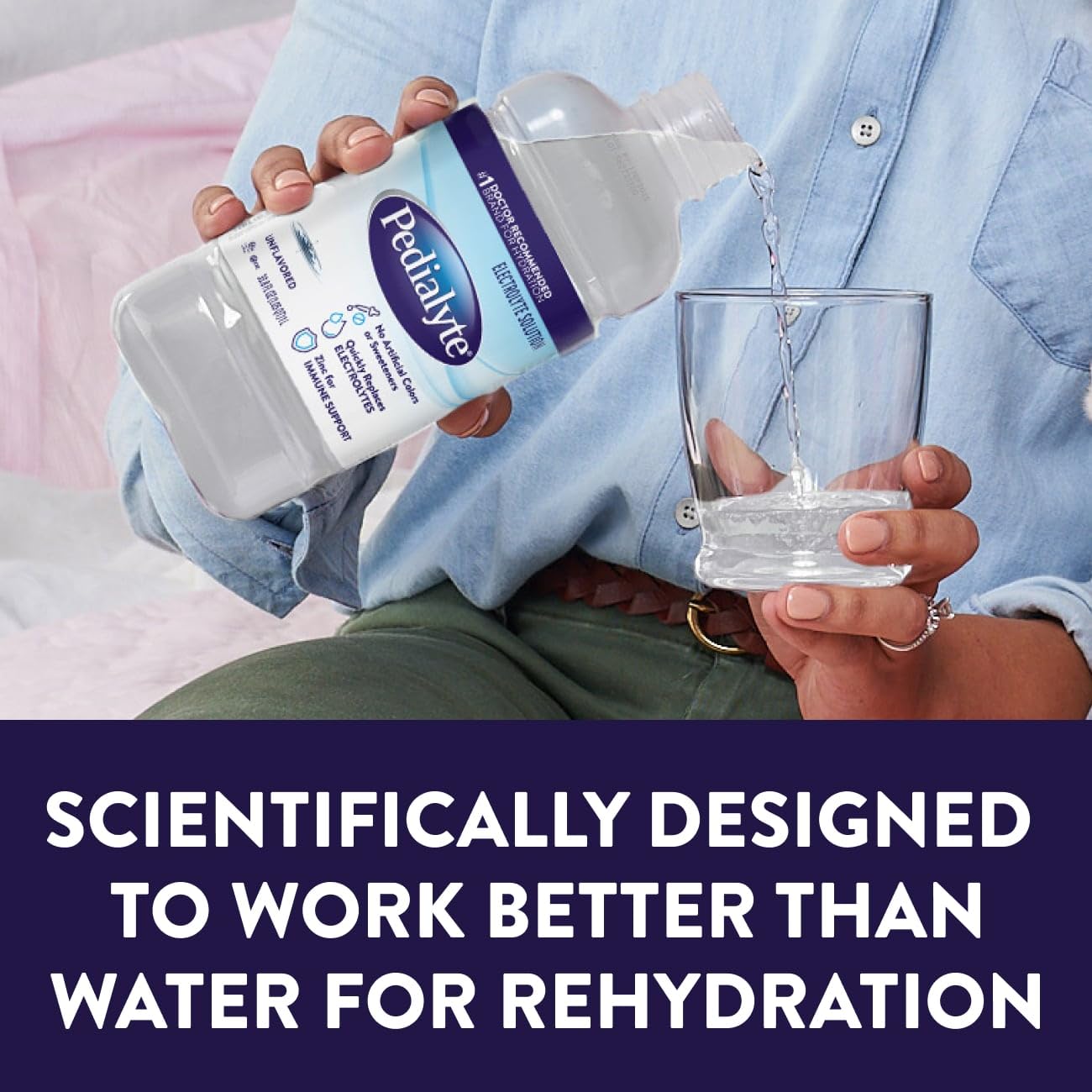 Pedialyte next to a standard water bottle to show 1 liter size and household portioning