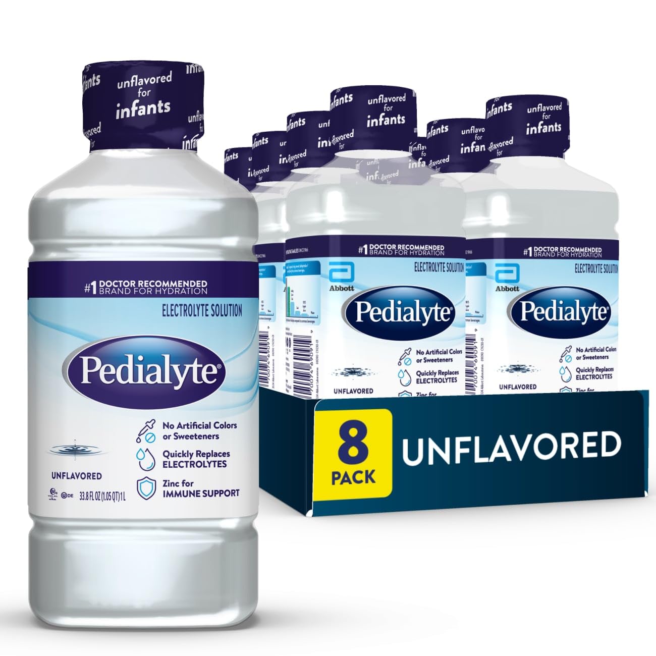 Pedialyte unflavored front label showing clear bottle and product name for easy identification