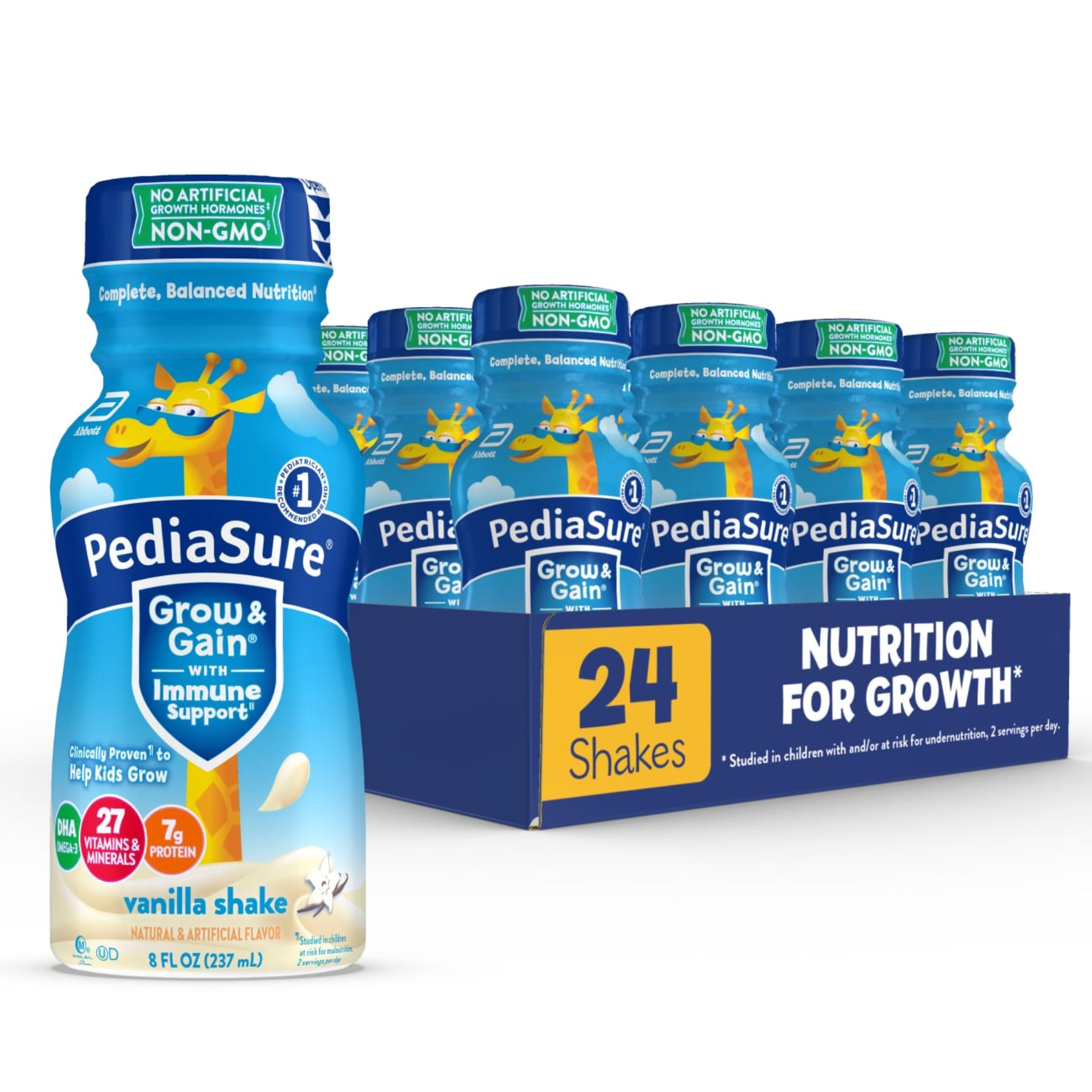 PediaSure front packaging showing vanilla shake and 24-pack convenience