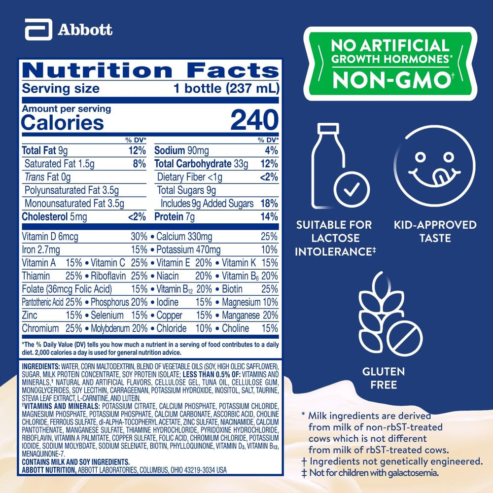 PediaSure label close-up highlighting 7g protein and 32mg DHA benefits