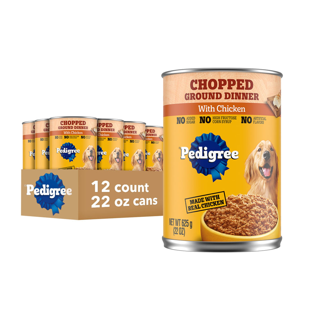 Pedigree can front view showing Chopped Ground Dinner chicken label and benefits
