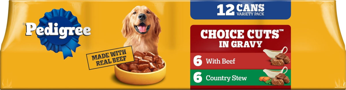 Pedigree front packaging showing Beef & Country Stew with clear benefits