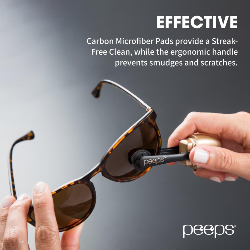 Peeps cleaning demo on sunglasses showing streak-free clarity after wipe