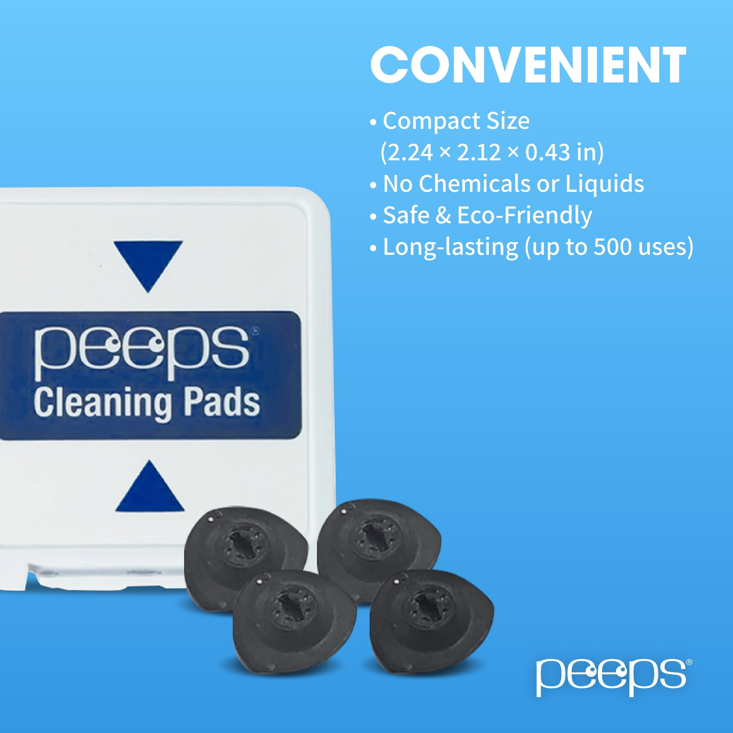 Peeps pad beside hand for scale showing compact, pocket-sized benefit