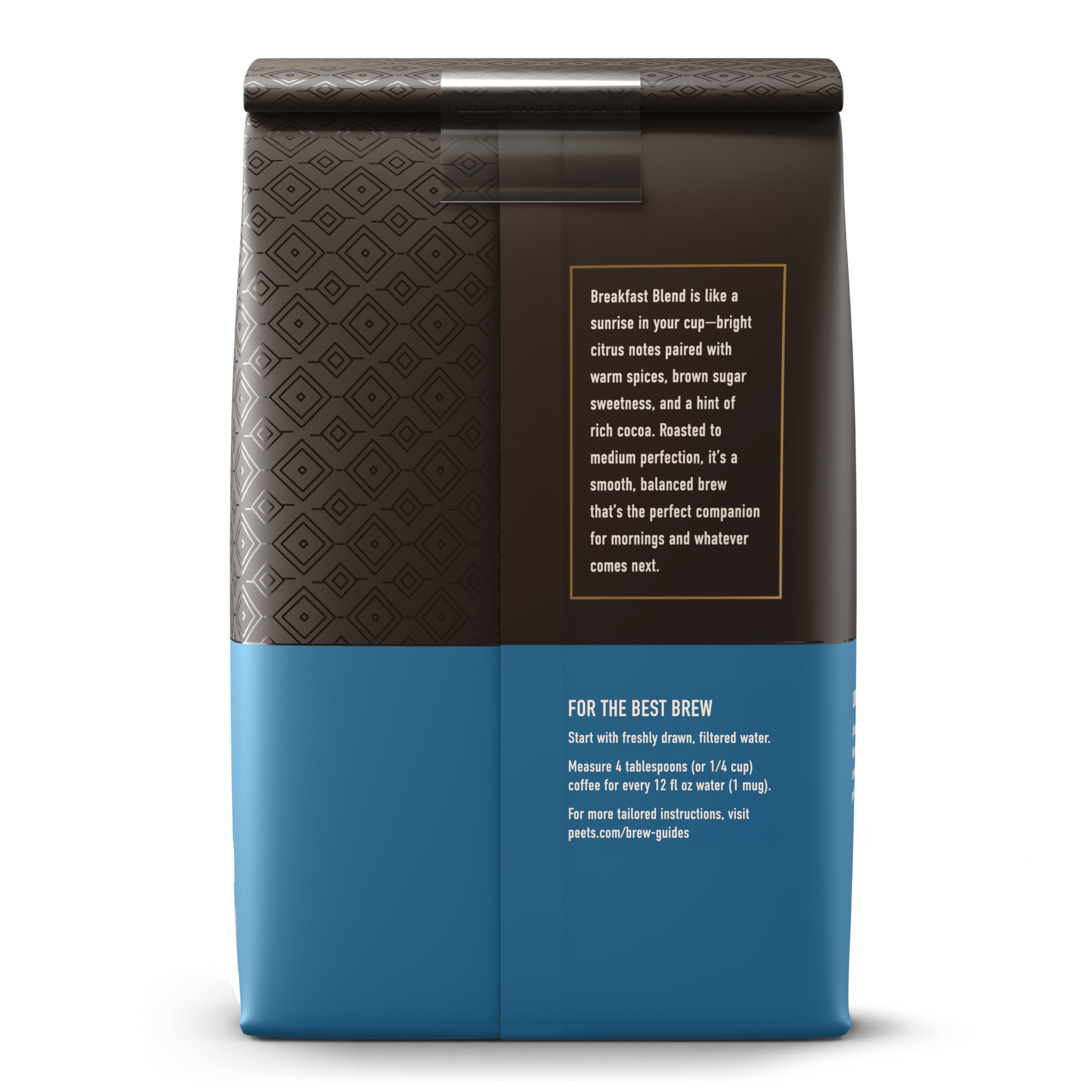 Peet's ground coffee pouring from bag to filter, highlighting convenient pre-ground use