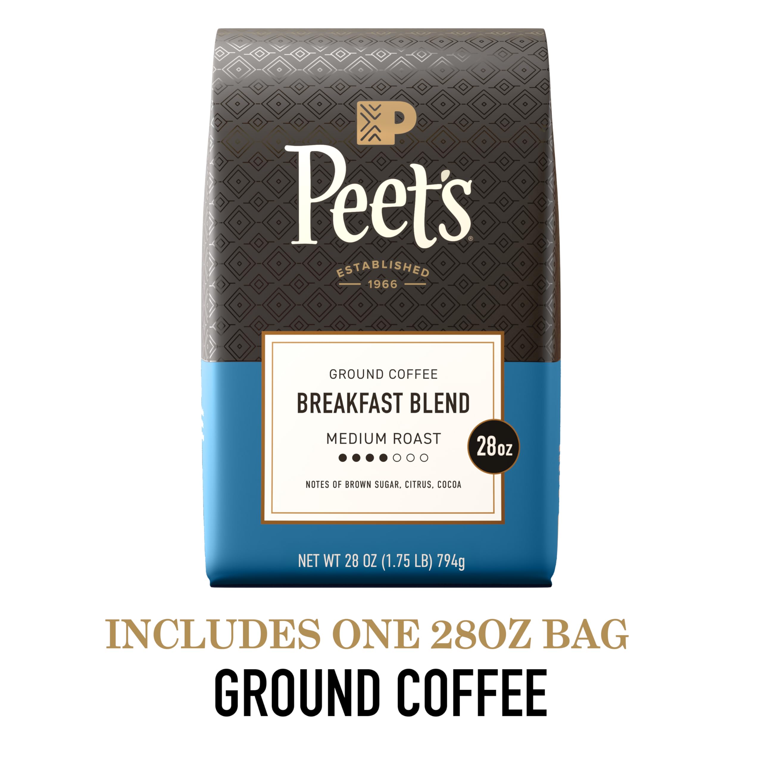 Steaming cup of Peet's Breakfast Blend, brand visible and ideal for a bright morning start