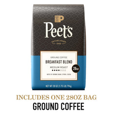Steaming cup of Peet's Breakfast Blend, brand visible and ideal for a bright morning start