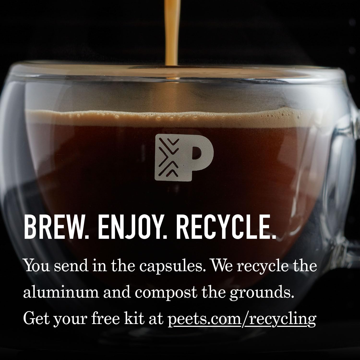 Peet's recycling mail-back kit displayed to indicate aluminum reclaiming option