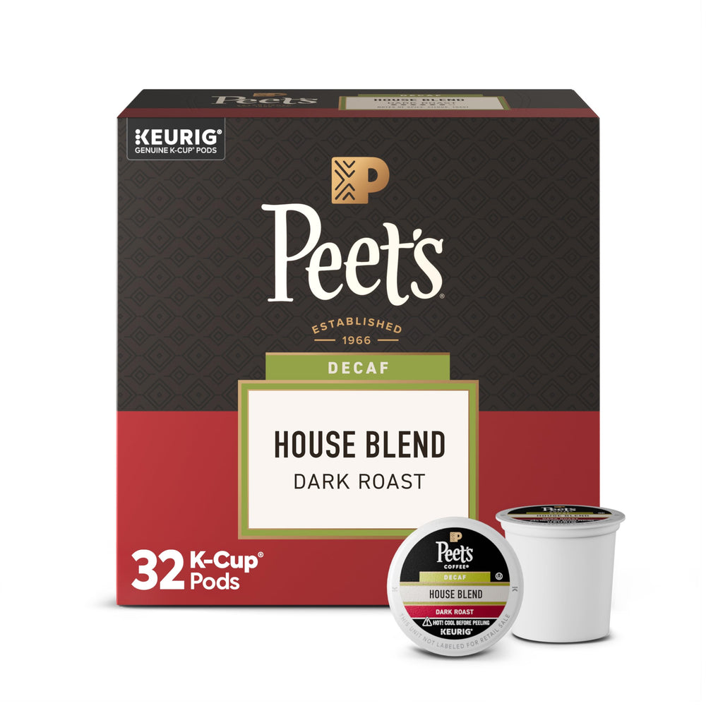 Peet's front box of 32 Decaf House Blend pods showing brand and count, convenient storage