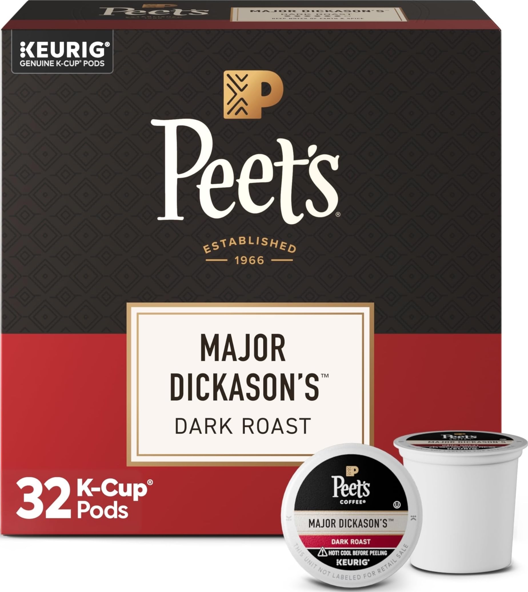 Peet's front box showing 32-count K-Cups and bold branding benefit convenience