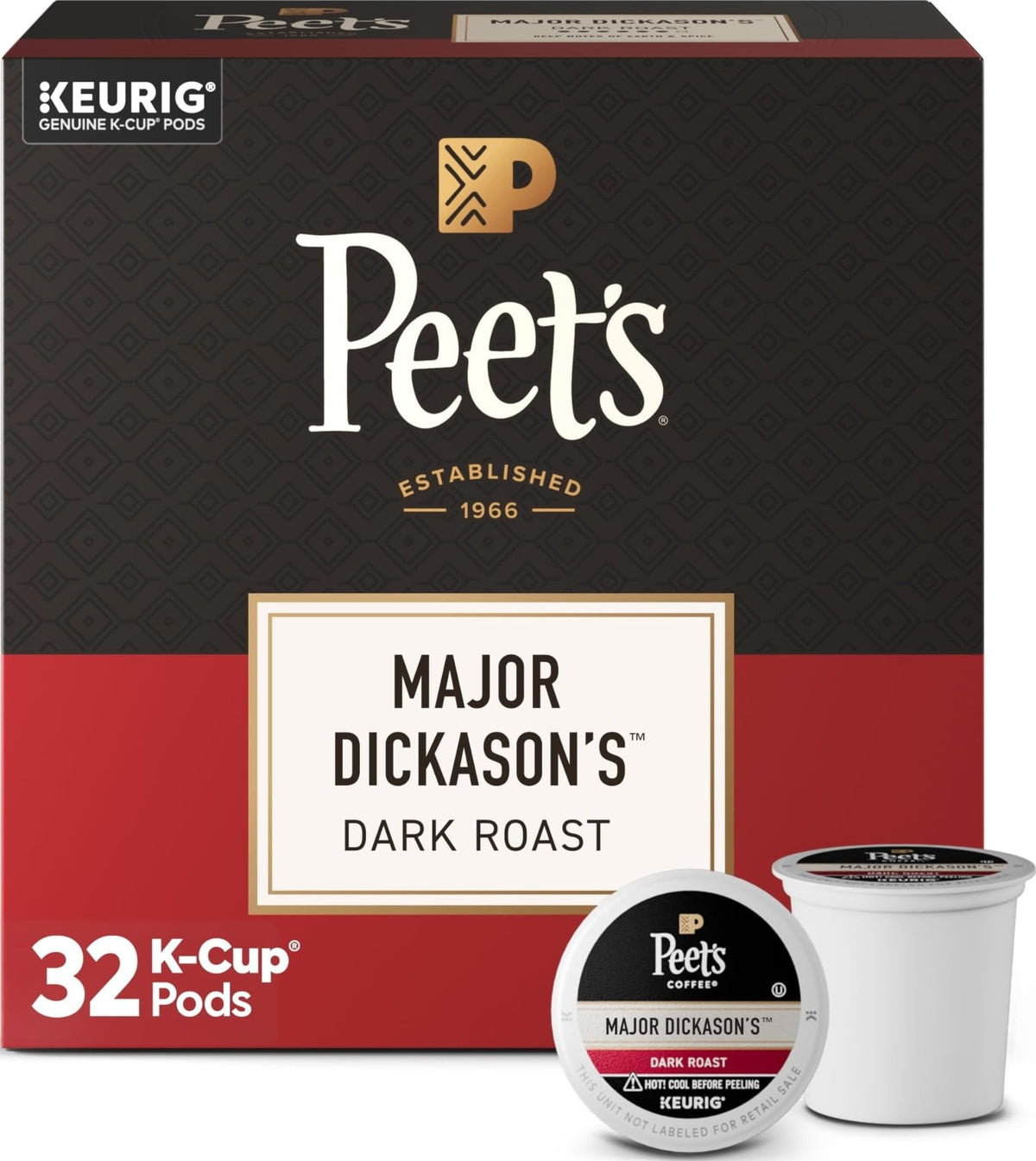 Peet's front box showing 32-count K-Cups and bold branding benefit convenience
