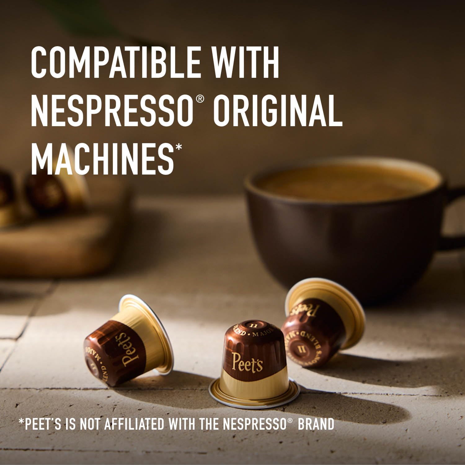 Peet's espresso pouring from machine showing rich extraction and crema benefit