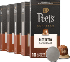 Peet's front packaging showing 50 capsule boxes and bold branding benefit convenience