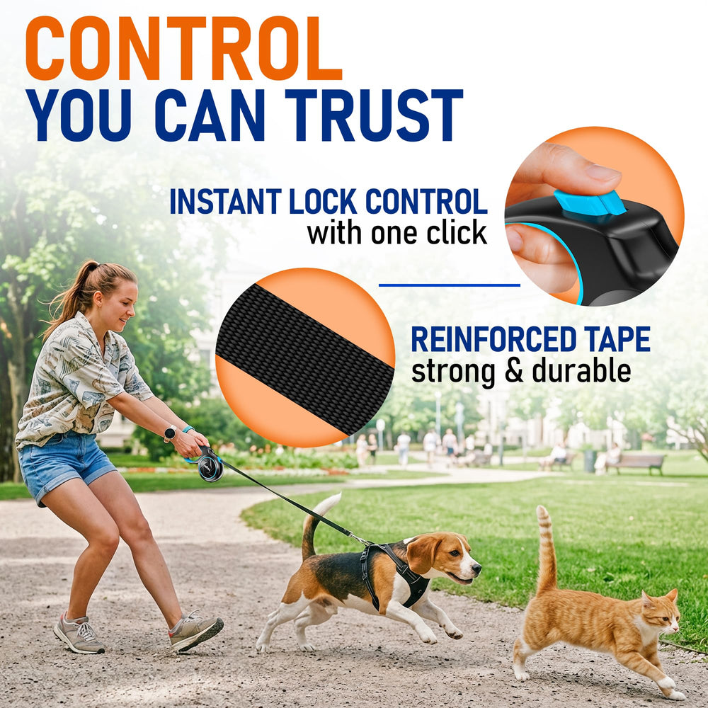 Peflex leash beside ruler showing 20.1 ft length for long-range control