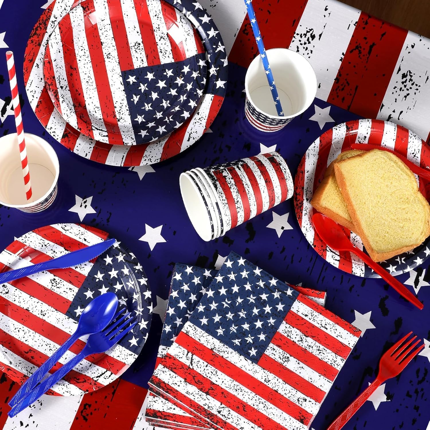 Peiking outdoor backyard party scene showcasing coordinated patriotic table styling