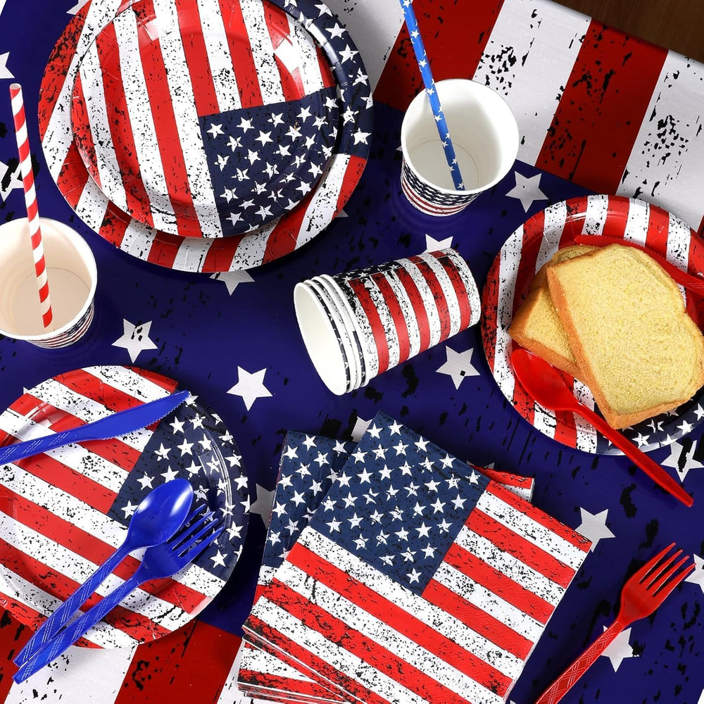 Peiking outdoor backyard party scene showcasing coordinated patriotic table styling