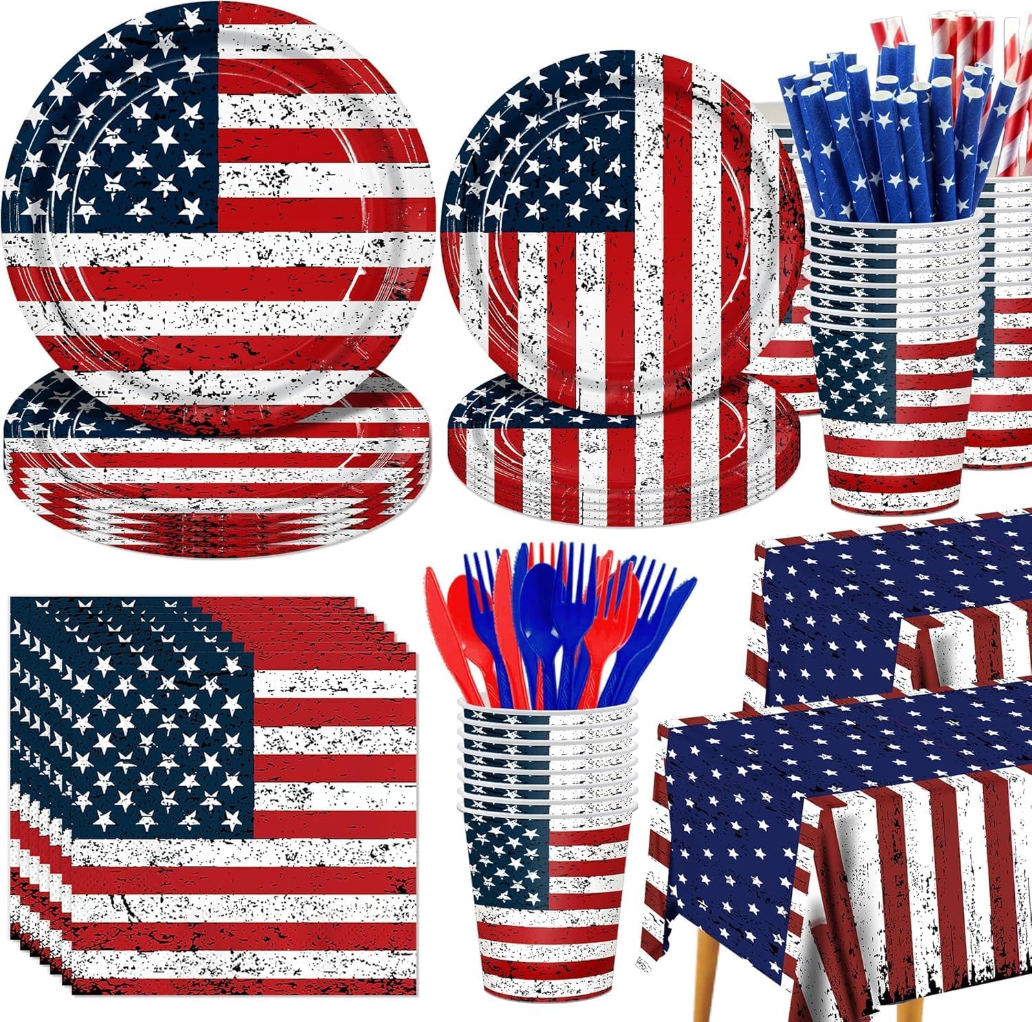 Peiking front packaging showing full vintage flag party kit and easy setup benefit