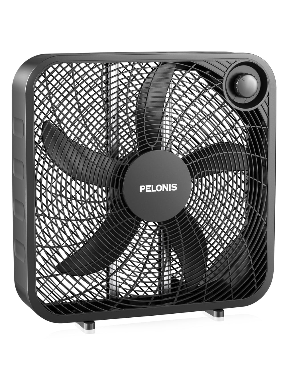 PELONIS front view of 20 inch box fan showing airflow and robust frame benefit