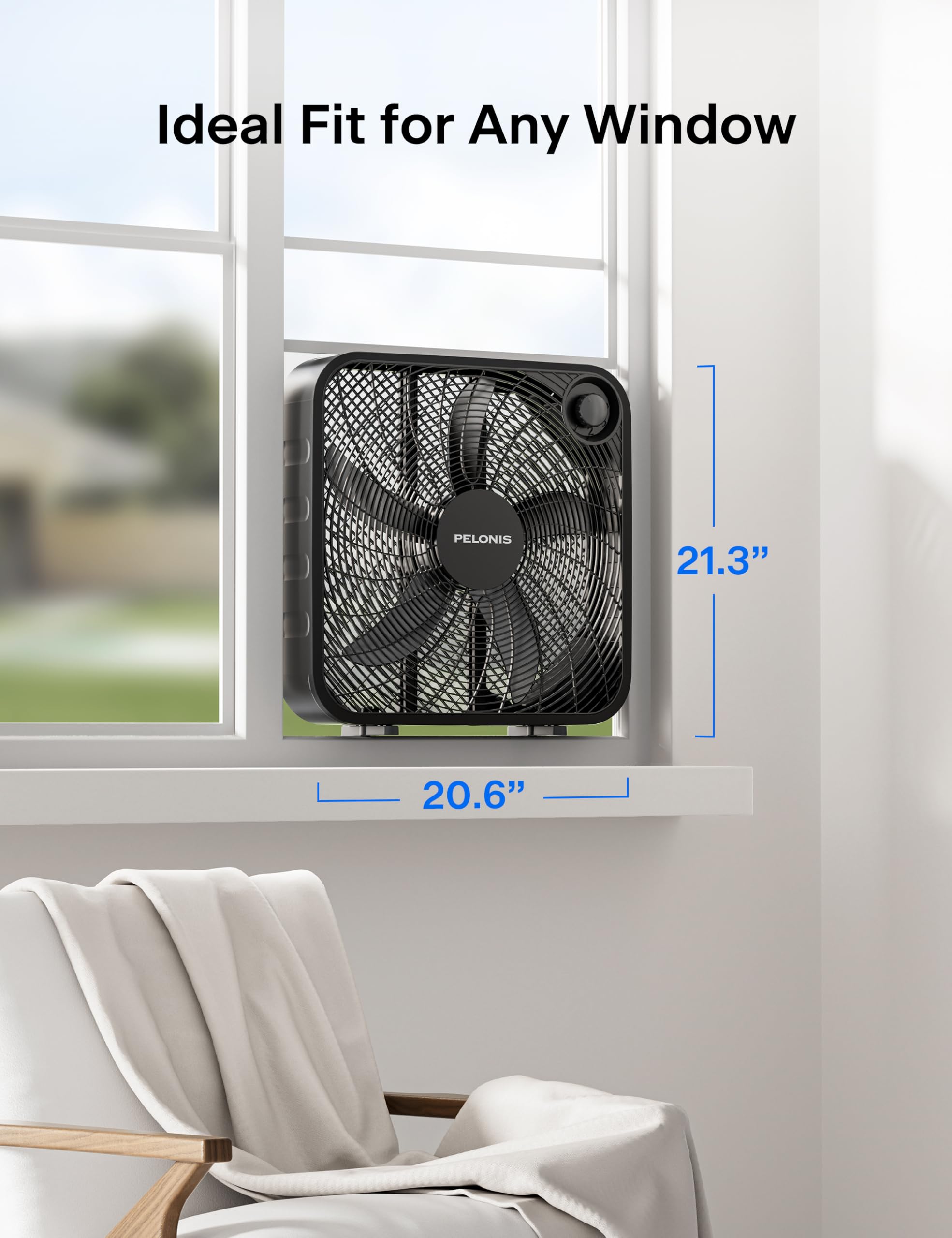PELONIS fan on desk in home office showing focused breeze for comfort and productivity