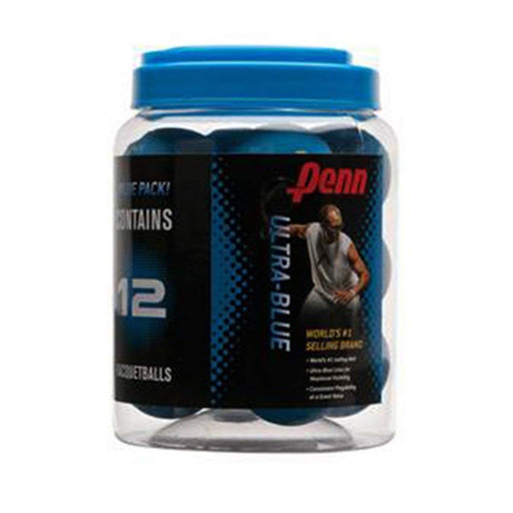 Penn can of 12 ultra blue racquetballs showing packaging and easy grab for practices