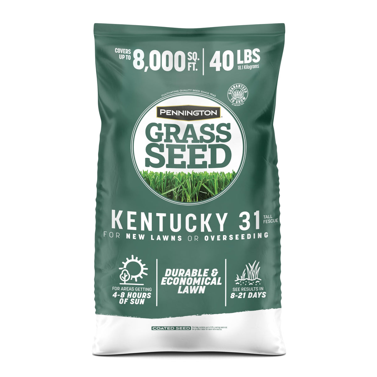 Pennington seed bag front shows product branding and coverage benefits