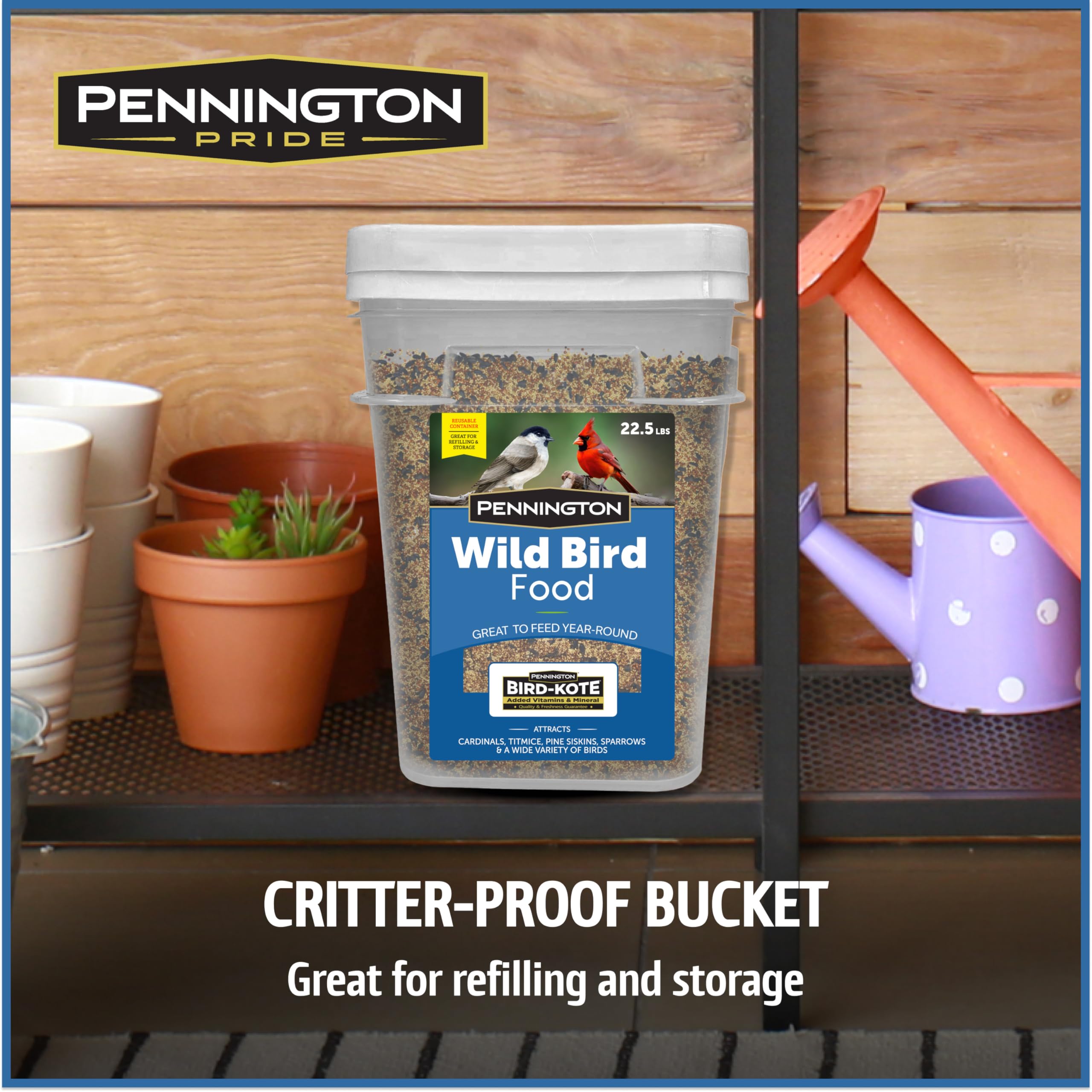 tube feeder supplied with Pennington seed attracting small songbirds